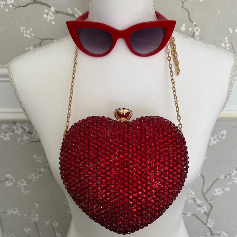 Red Heart-Shaped Crystal Clutch with Sunglasses